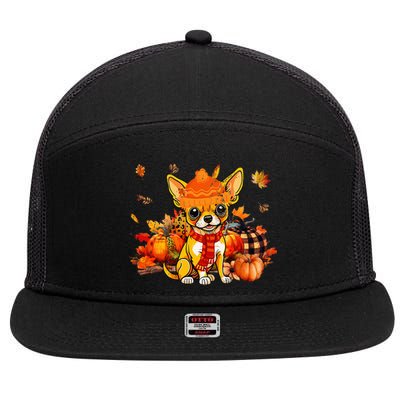 Chihuahua Dog Fall Scarf Leopard Pumpkins Autumn Leaves 7 Panel Mesh Trucker Snapback Hat