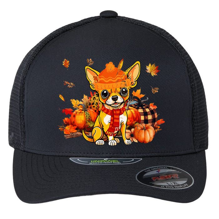 Chihuahua Dog Fall Scarf Leopard Pumpkins Autumn Leaves Flexfit Unipanel Trucker Cap