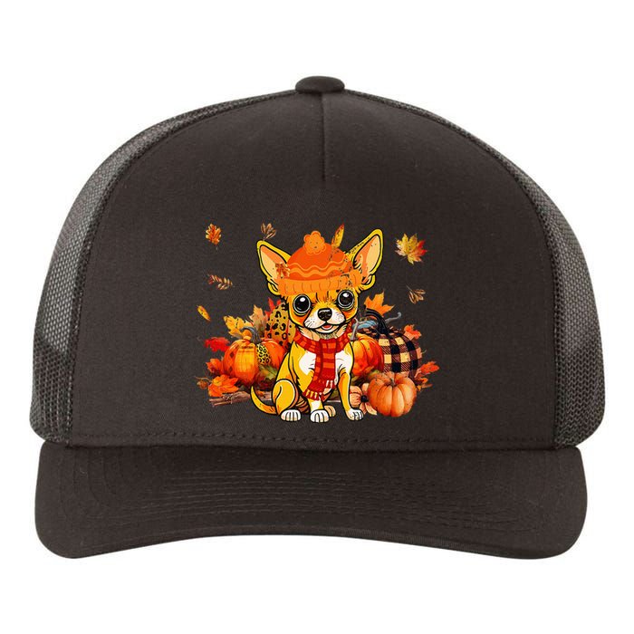 Chihuahua Dog Fall Scarf Leopard Pumpkins Autumn Leaves Yupoong Adult 5-Panel Trucker Hat