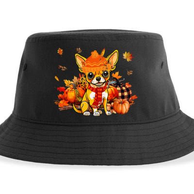 Chihuahua Dog Fall Scarf Leopard Pumpkins Autumn Leaves Sustainable Bucket Hat