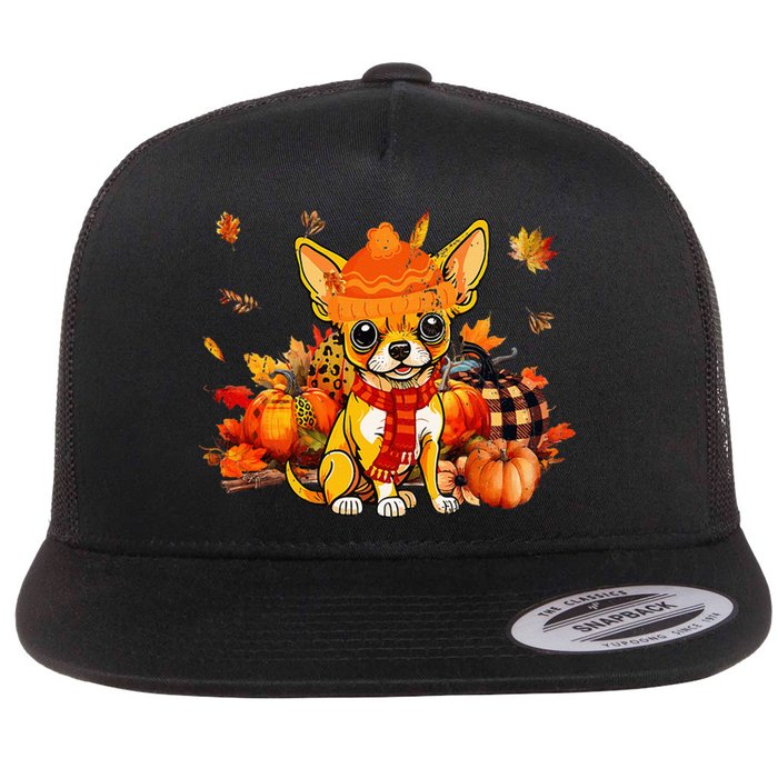 Chihuahua Dog Fall Scarf Leopard Pumpkins Autumn Leaves Flat Bill Trucker Hat