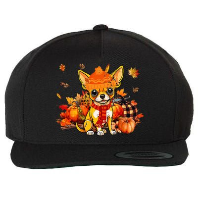 Chihuahua Dog Fall Scarf Leopard Pumpkins Autumn Leaves Wool Snapback Cap