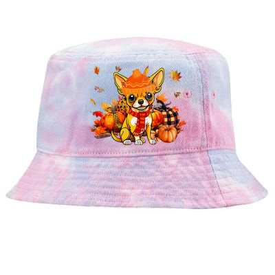 Chihuahua Dog Fall Scarf Leopard Pumpkins Autumn Leaves Tie-Dyed Bucket Hat