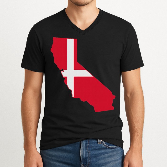 California Denmark Flag Map V-Neck T-Shirt