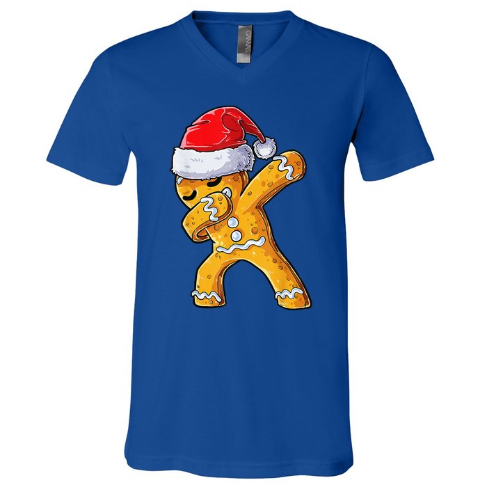 Christmas Dabbing Gingerbread Cookie Santa Hat Cute Xmas V-Neck T-Shirt