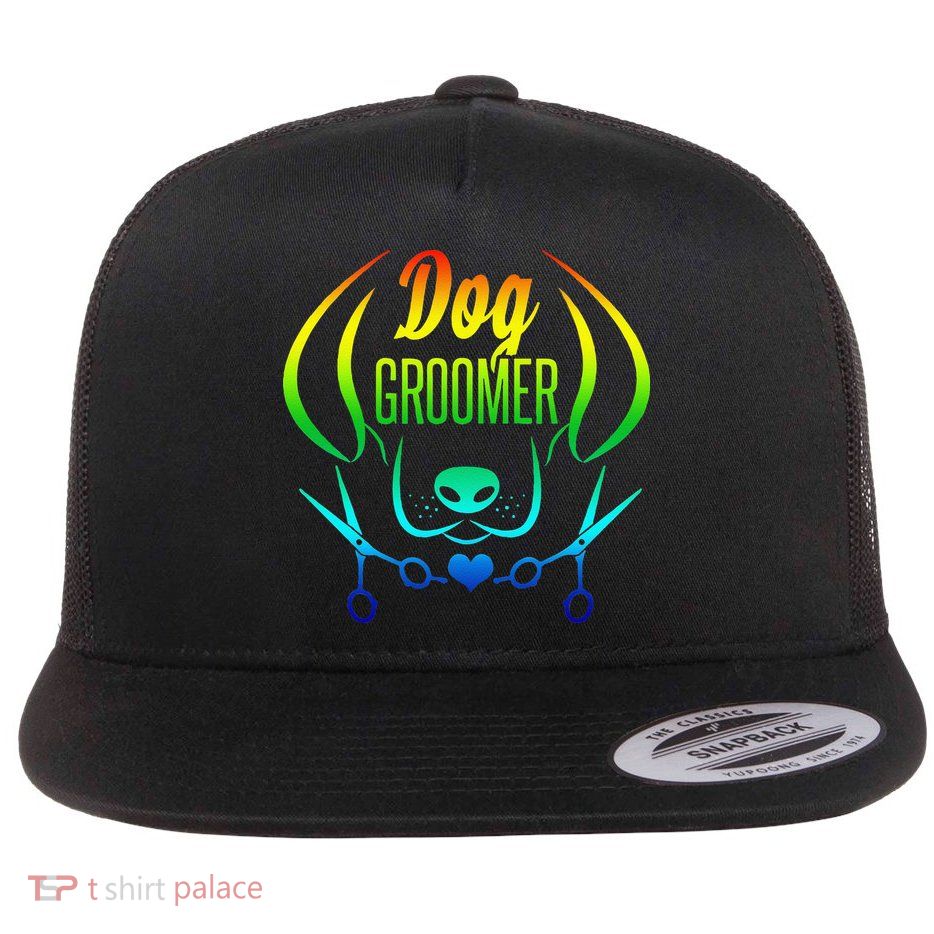 Cute Dog Groomer Rainbow Women Dog Grooming Flatbill Hat