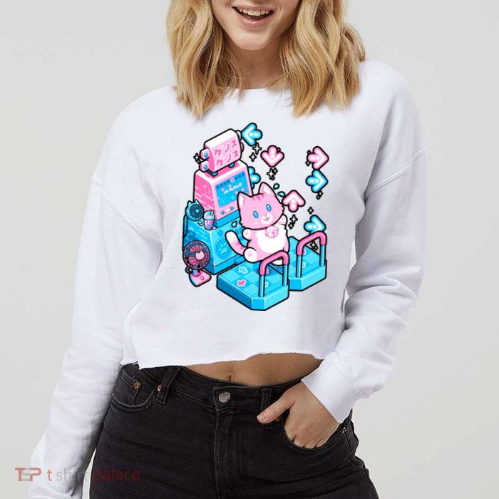 Cute Dancing Game Kitty Cropped Pullover Crew
