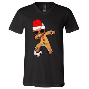 Christmas Dabbing Gingerbread Soccer Funny V-Neck T-Shirt