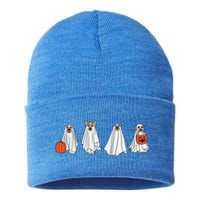 Cute Dog Ghost With Pumpkin Funny Halloween Unisex Costume Gift Sustainable Knit Beanie