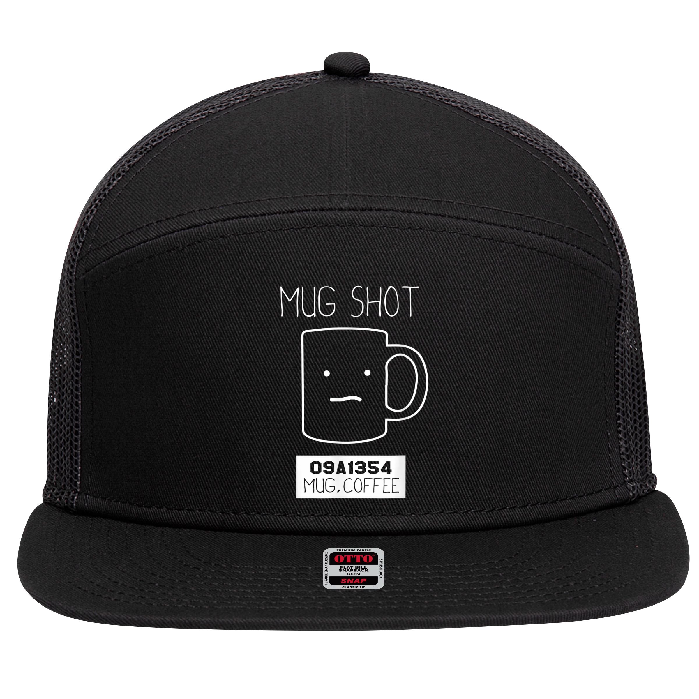 Coffee Drinker Gift Pun, Mug Shot 7 Panel Mesh Trucker Snapback Hat