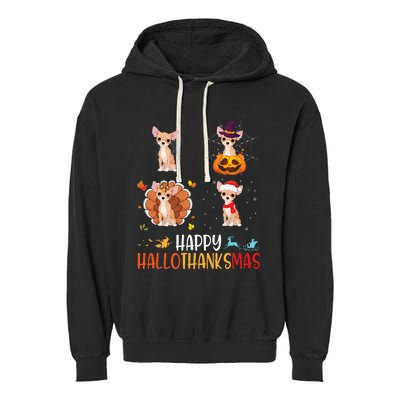 Chihuahua Dog Hallothanksmas Halloween Thanksgiving Xmas Garment-Dyed Fleece Hoodie