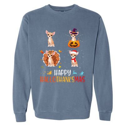 Chihuahua Dog Hallothanksmas Halloween Thanksgiving Xmas Garment-Dyed Sweatshirt