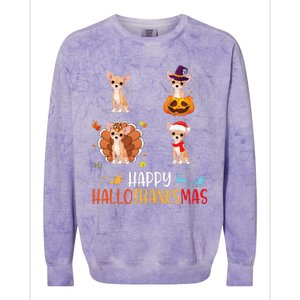 Chihuahua Dog Hallothanksmas Halloween Thanksgiving Xmas Colorblast Crewneck Sweatshirt