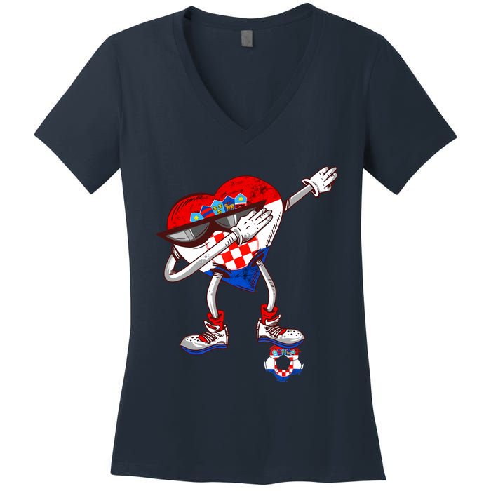 Croatia Dabbing Heart Hrvatska Soccer Team Croatia Flag Women's V-Neck T-Shirt