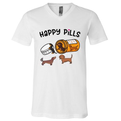 Cute Dachshund Happy Pills Funny Weiner Dog Mom Dad Lover V-Neck T-Shirt