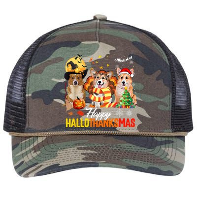 Corgi Dog Halloween Merry Christmas Happy Hallothanksmas Retro Rope Trucker Hat Cap