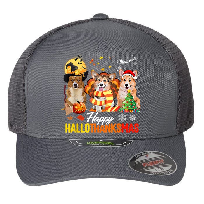 Corgi Dog Halloween Merry Christmas Happy Hallothanksmas Flexfit Unipanel Trucker Cap