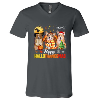 Corgi Dog Halloween Merry Christmas Happy Hallothanksmas V-Neck T-Shirt