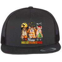 Corgi Dog Halloween Merry Christmas Happy Hallothanksmas Flat Bill Trucker Hat