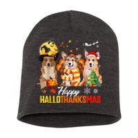 Corgi Dog Halloween Merry Christmas Happy Hallothanksmas Short Acrylic Beanie