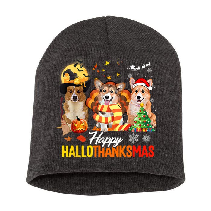 Corgi Dog Halloween Merry Christmas Happy Hallothanksmas Short Acrylic Beanie