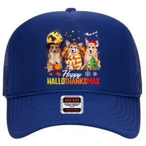 Corgi Dog Halloween Merry Christmas Happy Hallothanksmas High Crown Mesh Back Trucker Hat