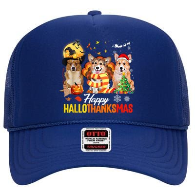 Corgi Dog Halloween Merry Christmas Happy Hallothanksmas High Crown Mesh Back Trucker Hat