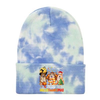 Corgi Dog Halloween Merry Christmas Happy Hallothanksmas Tie Dye 12in Knit Beanie