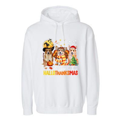 Corgi Dog Halloween Merry Christmas Happy Hallothanksmas Garment-Dyed Fleece Hoodie