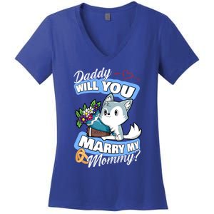 Cute Dog Husky Wedding Offer Daddy Will You Marry My Mommy Gift Women's V-Neck T-Shirt