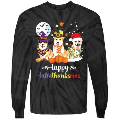 Corgi Dog Halloween Merry Christmas Happy Hallothanksmas Tie-Dye Long Sleeve Shirt