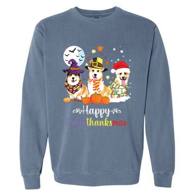 Corgi Dog Halloween Merry Christmas Happy Hallothanksmas Garment-Dyed Sweatshirt