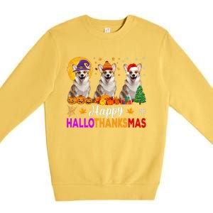 Corgi Dog Halloween Christmas Hallothanksmas Premium Crewneck Sweatshirt