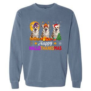 Corgi Dog Halloween Christmas Hallothanksmas Garment-Dyed Sweatshirt