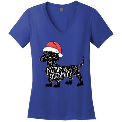 Christmas Dachshund In Santa Hat Cute Merry Chickmas Meaningful Gift Women's V-Neck T-Shirt