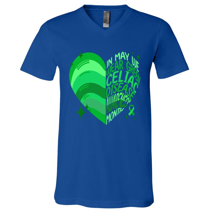 Celiac Disease In May We Wear Green Warrior Supporter Heart Gift V-Neck T-Shirt