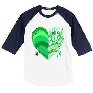 Celiac Disease In May We Wear Green Warrior Supporter Heart Gift Baseball Sleeve Shirt