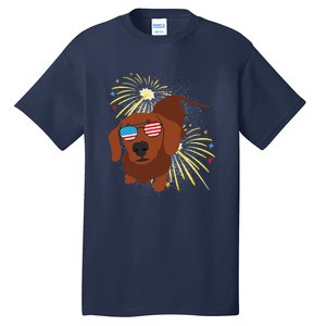 Cool Dog In USA Flag Glasses With Fireworks 4th July Day Tall T-Shirt