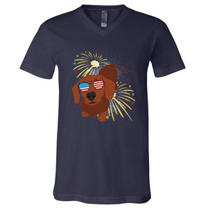 Cool Dog In USA Flag Glasses With Fireworks 4th July Day V-Neck T-Shirt