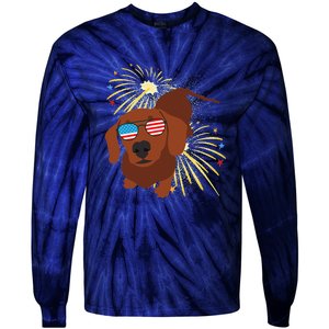 Cool Dog In USA Flag Glasses With Fireworks 4th July Day Tie-Dye Long Sleeve Shirt