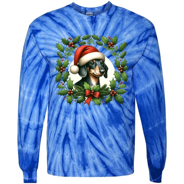 Christmas Dachshund Illustration Festive Doxie Cool Gift Tie-Dye Long Sleeve Shirt