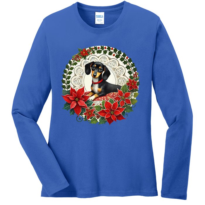 Christmas Dachshund Illustration Festive Doxie Funny Gift Ladies Long Sleeve Shirt