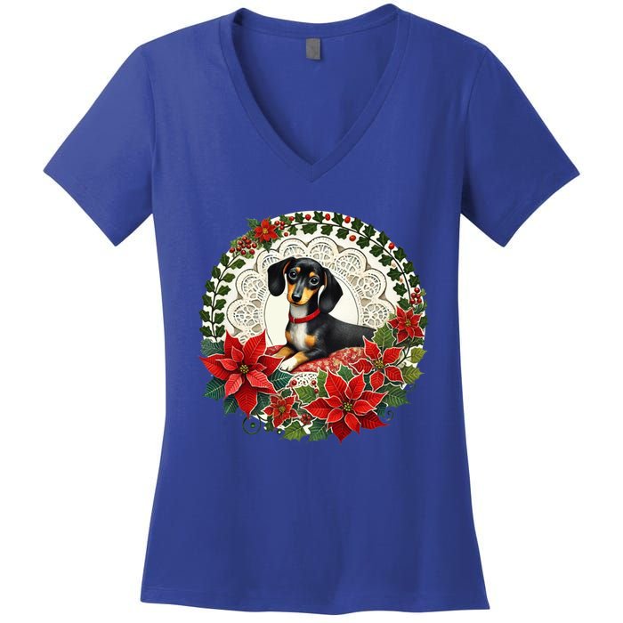 Christmas Dachshund Illustration Festive Doxie Funny Gift Women's V-Neck T-Shirt