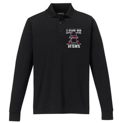 Caffeine Diesel Jesus Christian Trucker Distressed Performance Long Sleeve Polo