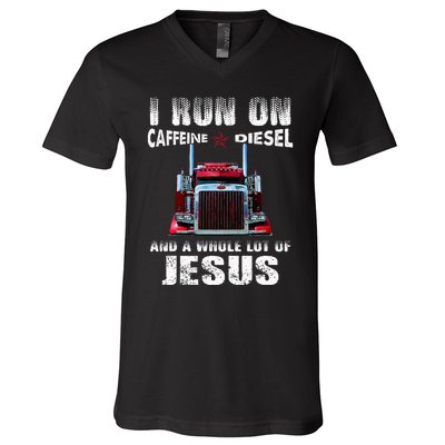 Caffeine Diesel Jesus Christian Trucker Distressed V-Neck T-Shirt