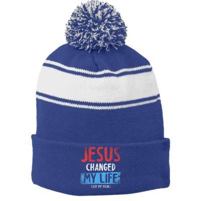 Christ Devotee Jesus Changed My Life Ask Me How Jesus Stripe Pom Pom Beanie