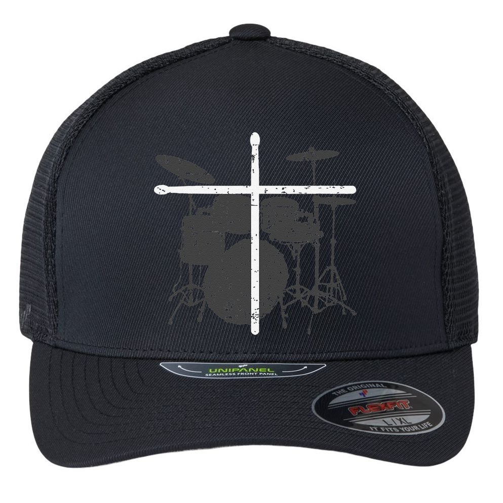 Christian Drummer Jesus Christ Drum Sticks Cross Worship Flexfit Unipanel Trucker Cap