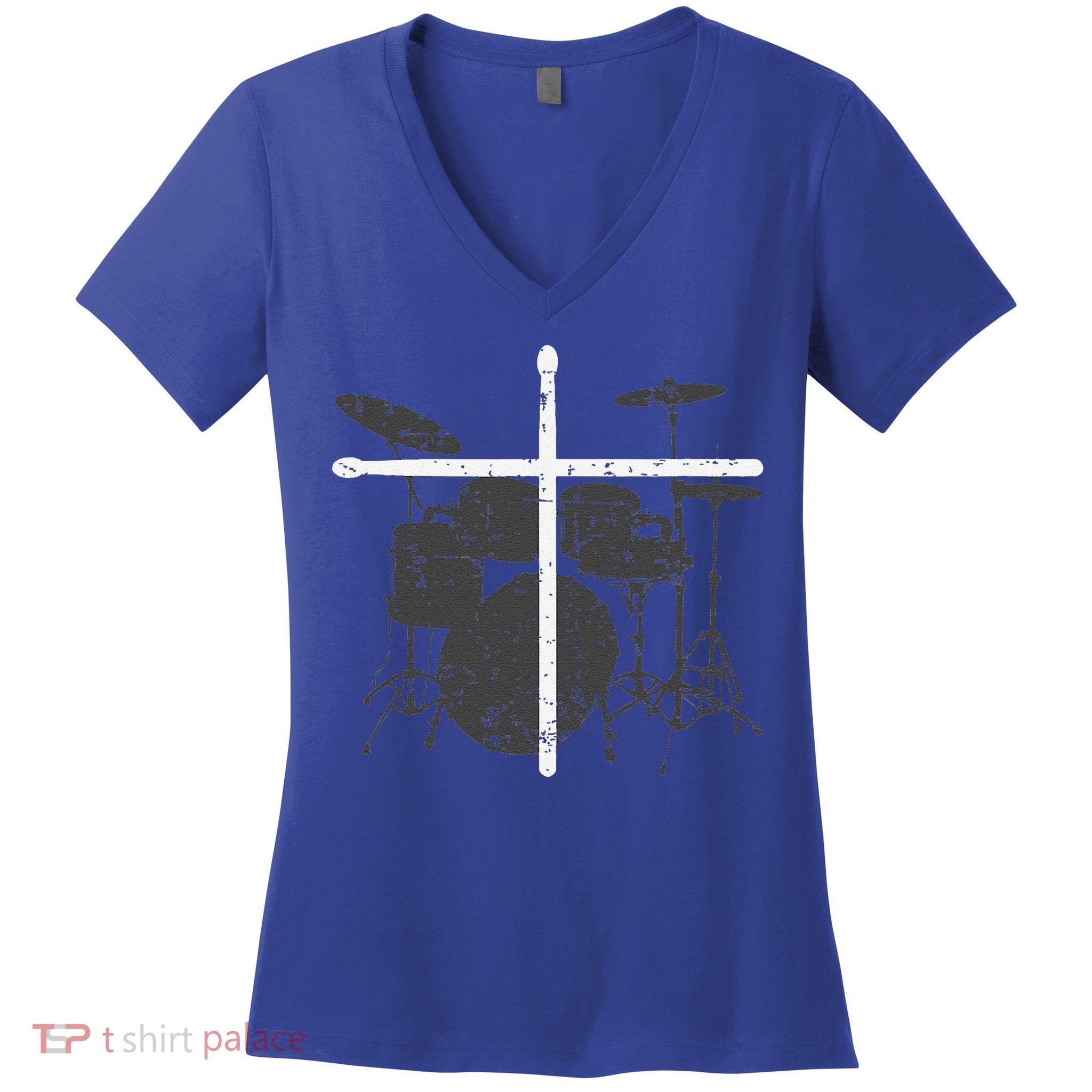 Christian Drummer Jesus Christ Drum Sticks Cross Worship Women's V-Neck T-Shirt