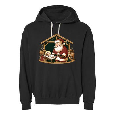 Christmas Design Kneeling Santa Claus With Baby Jesus Garment-Dyed Fleece Hoodie