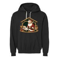Christmas Design Kneeling Santa Claus With Baby Jesus Garment-Dyed Fleece Hoodie